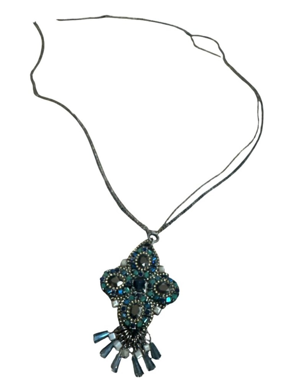 Vintage-Inspired Silver Necklace With Ornate Blue & Green Crystal Pendant